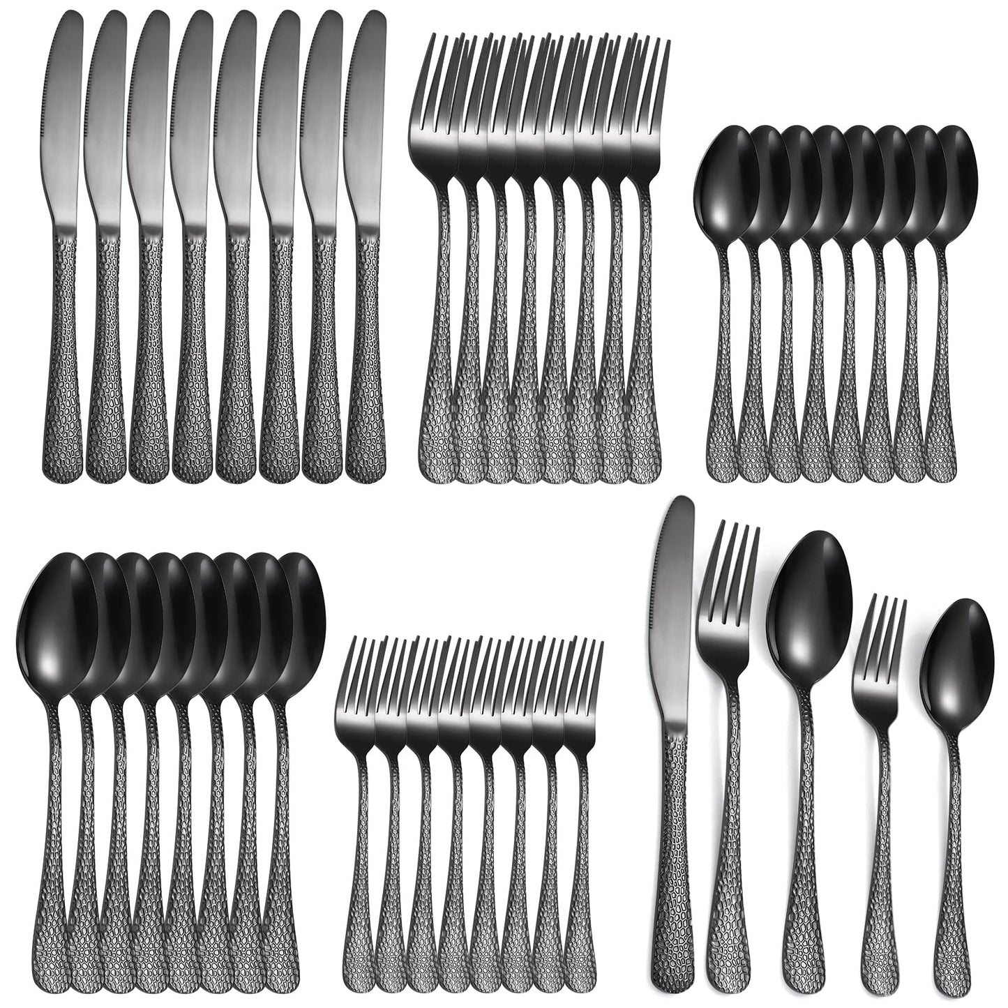 A · HOUSEWARE Black Hammered Silverware Set 8 Stainless Steel Flatware Vintage 40 piece include Knife Fork Spoon Proper Weight for Parties Restaurant Utensils and Kitchen Daily Use