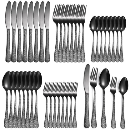 A · HOUSEWARE Black Hammered Silverware Set 8 Stainless Steel Flatware Vintage 40 piece include Knife Fork Spoon Proper Weight for Parties Restaurant Utensils and Kitchen Daily Use