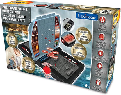 Lexibook Talking Sea Battle (French English Spanish Portuguese) Electronic Board Game 1 or 2 Players Interactive Light and Sound Effects Strategy Battery Operated Grey/Black GT2800US