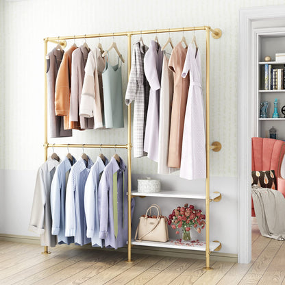IronJiaZu Gold Pipe Clothes Racks with White Shelves, Industrial Pipe Gold Clothing Rack with Double Hanging Rods, Heavy Duty Wall Mounted Clothing Rack Rod for Closet Storage, Bedroom
