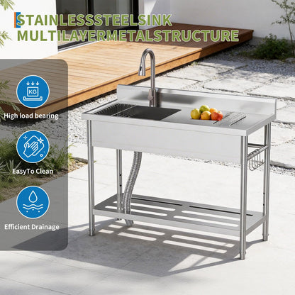 Commercial Stainless Steel Utility Sink with Drainboard, Freestanding Single Bowl Prep Sink with Work Table & Pull-Out Faucet, for Restaurant Kitchen, Garage, Outdoor