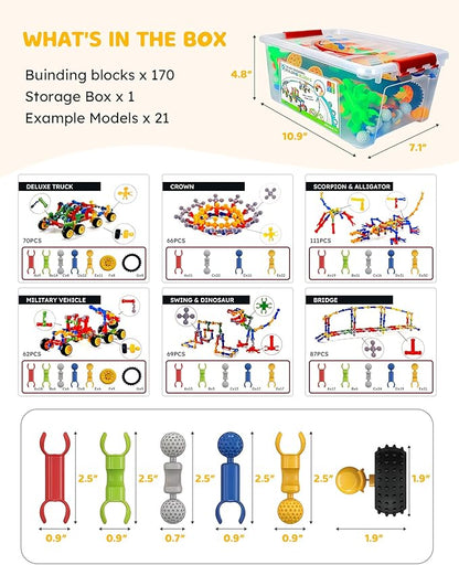 Inovakids Building Blocks - 170 Pcs STEM Building Toys For 3+ Years Old Kids with 21 Exemplar Model Big Box Storage Preschool Montessori Sensory Educational Toys Gift for Birthday Chrismas Easter