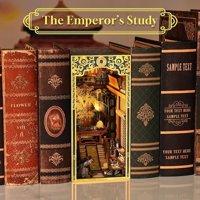 Book Nook Kit 3D Wooden Puzzle for Teens and Adults DIY Miniature Dollhouse Booknook Kit Bookend Bookshelf Insert Decor with LED Light (The Emperor’s Study)