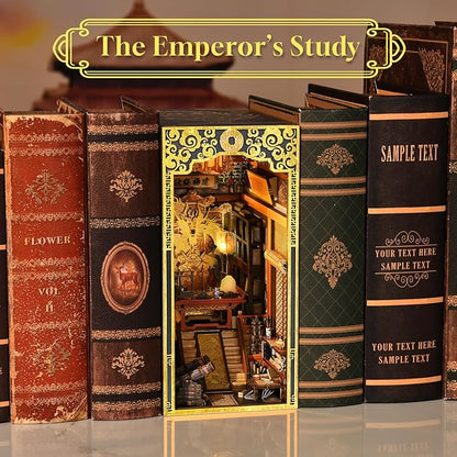 Book Nook Kit 3D Wooden Puzzle for Teens and Adults DIY Miniature Dollhouse Booknook Kit Bookend Bookshelf Insert Decor with LED Light (The Emperor’s Study)