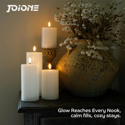 JOIONE Battery Operated Candles with Remote, LED Flameless Real Wax Pillar Candles Set of 4, Timer Function, Safe Home Décor for Living Room, Bedroom, and Dining Table, White