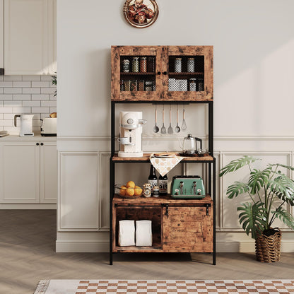 IDEALHOUSE 6 Tier Kitchen Backers Rack with Cabinets & Charging Station, 63 Inch Industrial Microwave Oven Stand, Freestanding Utility Shelves for Dining Room/Living Room/Apartments, Brown