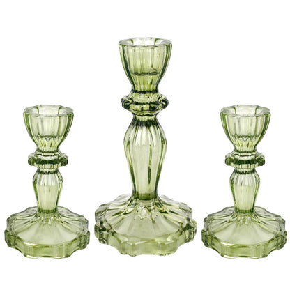 CHOCSTAY Glass Candlestick Holders Set of 3, Green Stripe Taper Candle Holders for Table Centerpiece, Home Decorations, Wedding and Party