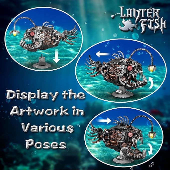 Mechanical Lantern Fish Building Sets for Adults Compatible with Lego Creative Ocean Animal Toy for Home Office Decor STEM Gift for Boys 8-14