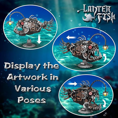 Mechanical Lantern Fish Building Sets for Adults Compatible with Lego Creative Ocean Animal Toy for Home Office Decor STEM Gift for Boys 8-14