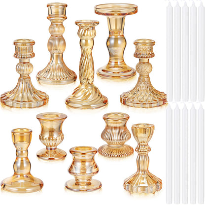 Mumufy 10 Sets Glass Crystal Taper Candle Holders Stand Centerpiece Bulk with 10 in Taper Candles Sticks Clear Decorations Table Wedding Dining Party (Gold)