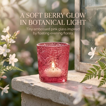 6 Pack Hummingbird Embossed Glass Candle Holders Votive Tealight Holders with Patent Design, Decorative Glass Cups for Wedding Centerpieces, Parties, and Home Decor (Wildberry Red)