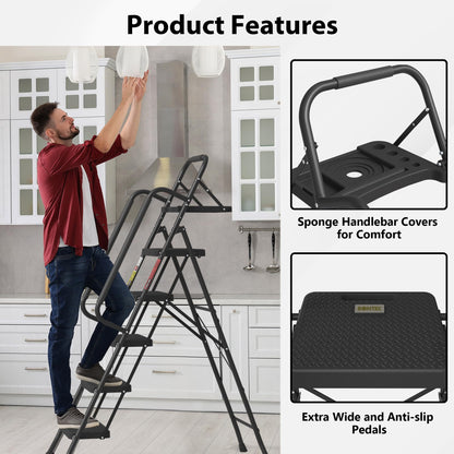 BONTEC 5-Step Ladder, 400lbs Max Load, Folding Step Stool with Tool Tray, Tool Bag, Handrails, Wide Anti-Slip Pedals, Sturdy Steel Ladder for Household & Work Use, Black