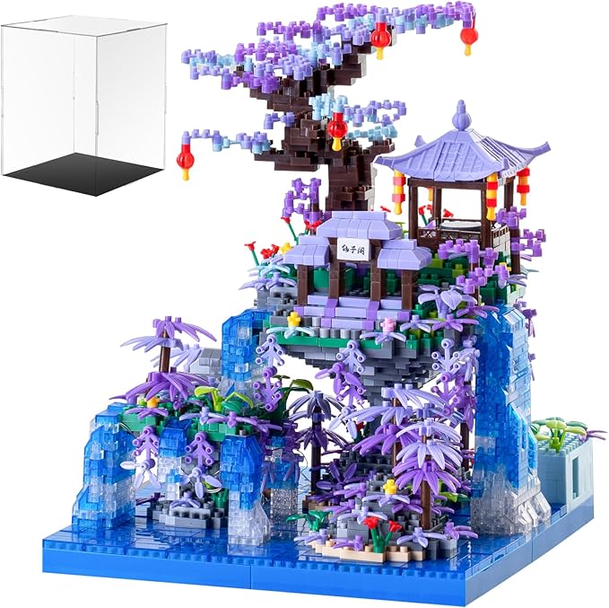 Peach Blossom Pond Japanese Architecture Building Blocks Set for Adults and Kids with Acrylic Display Cover Micro Mini Bricks Cherry Blossom Tree House Building Kit 2500+PCS