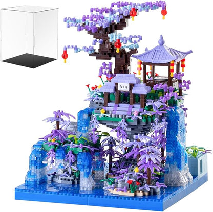 Peach Blossom Pond Japanese Architecture Building Blocks Set for Adults and Kids with Acrylic Display Cover Micro Mini Bricks Cherry Blossom Tree House Building Kit 2500+PCS