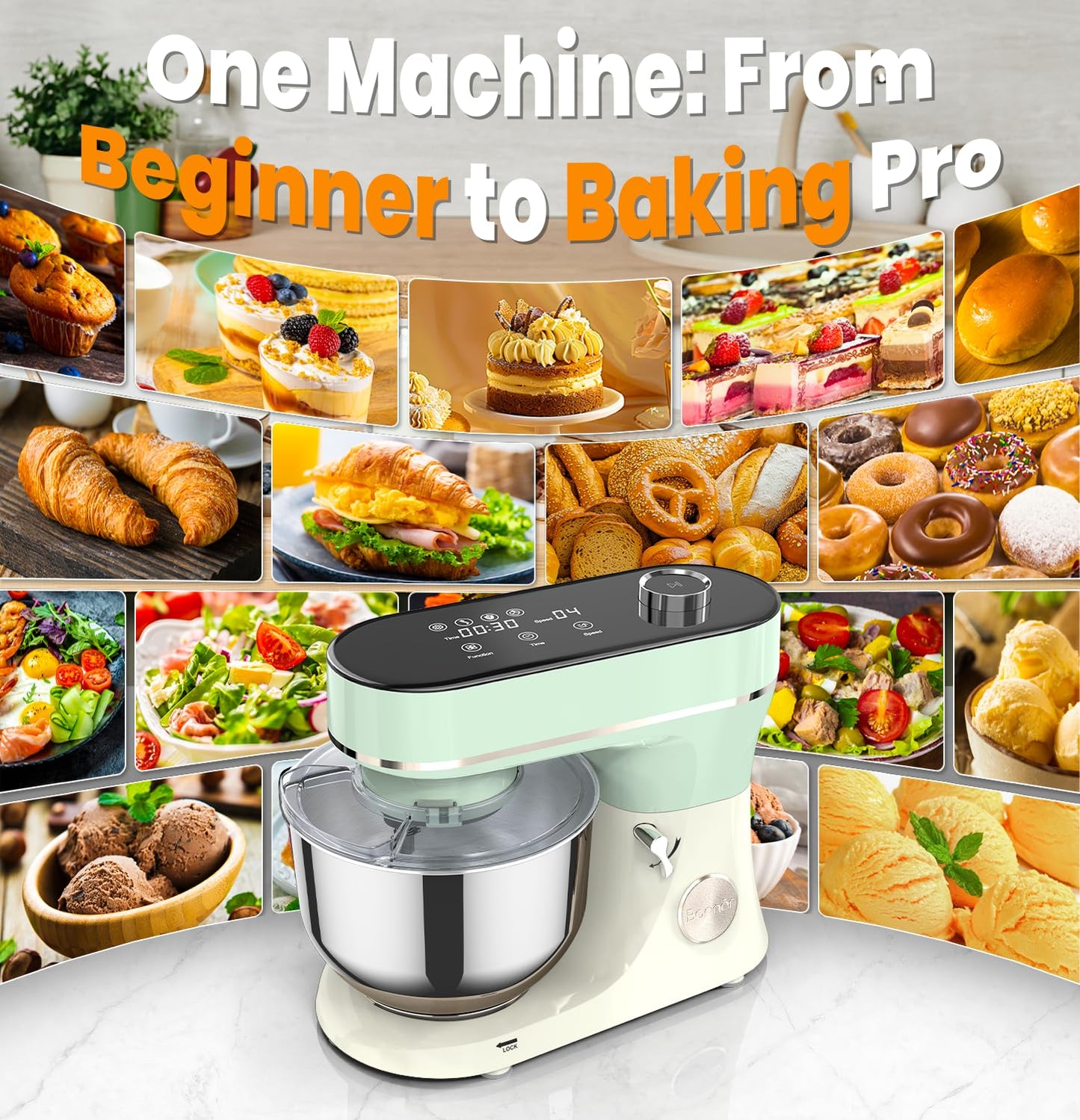 Bonnor Stand Mixer, 6QT Electric Kitchen Mixer for Baking Cakes & Dough, LED Smart Touchscreen, 11-Speed Tilt-Head & Timer, 4 Presets, Mixer with Bowl, Dough Hook/Whisk/Beater, Green