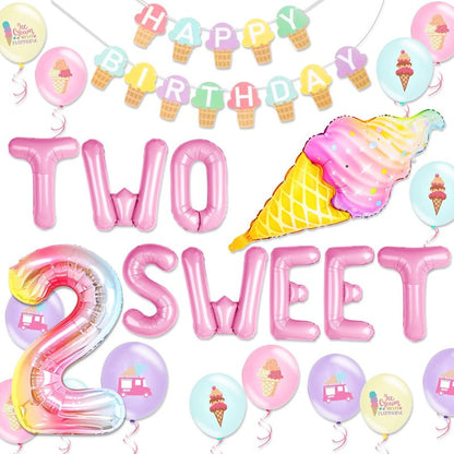 Two Sweet Birthday Party Supplies Decorations 2th Birthday Decorations Ice Cream Party Decoration Number 2 Balloon for Donut Sweet Party Supplies Baby Showers Party Decoration