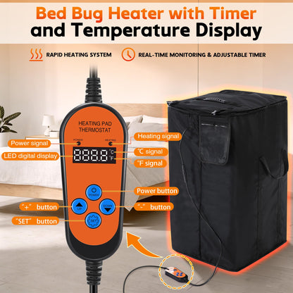 Bed Bug Heater, 360° High Temperature Portable Bed Bug Eliminator Equipment with Digital Timer & Temperature Control, Fast Heating to 155°F for Moths, Carpet Beetles and Lice(Black)