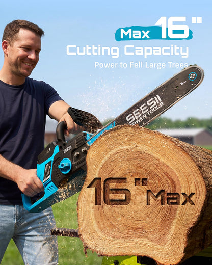 SEESII 40V 16-Inch Cordless Chainsaw: Brushless Electric Chain Saws with 2×4.0Ah Batteries & Charger, Tool-Free Chain Tension, Auto Oiling, for Tree Trimming, Wood Cutting, Yard Work