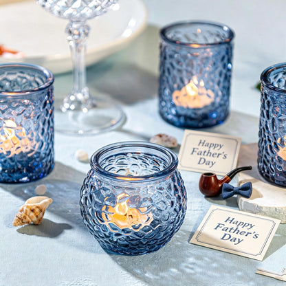 WELLIFE 24-Piece Blue Glass Votive Candle Holders Set – Tealight Candle Holder Glass Bulk with 12 Round & 12 Hammered Textured Cups, Blue Votive Candle Holders for Weddings, Parties, Home