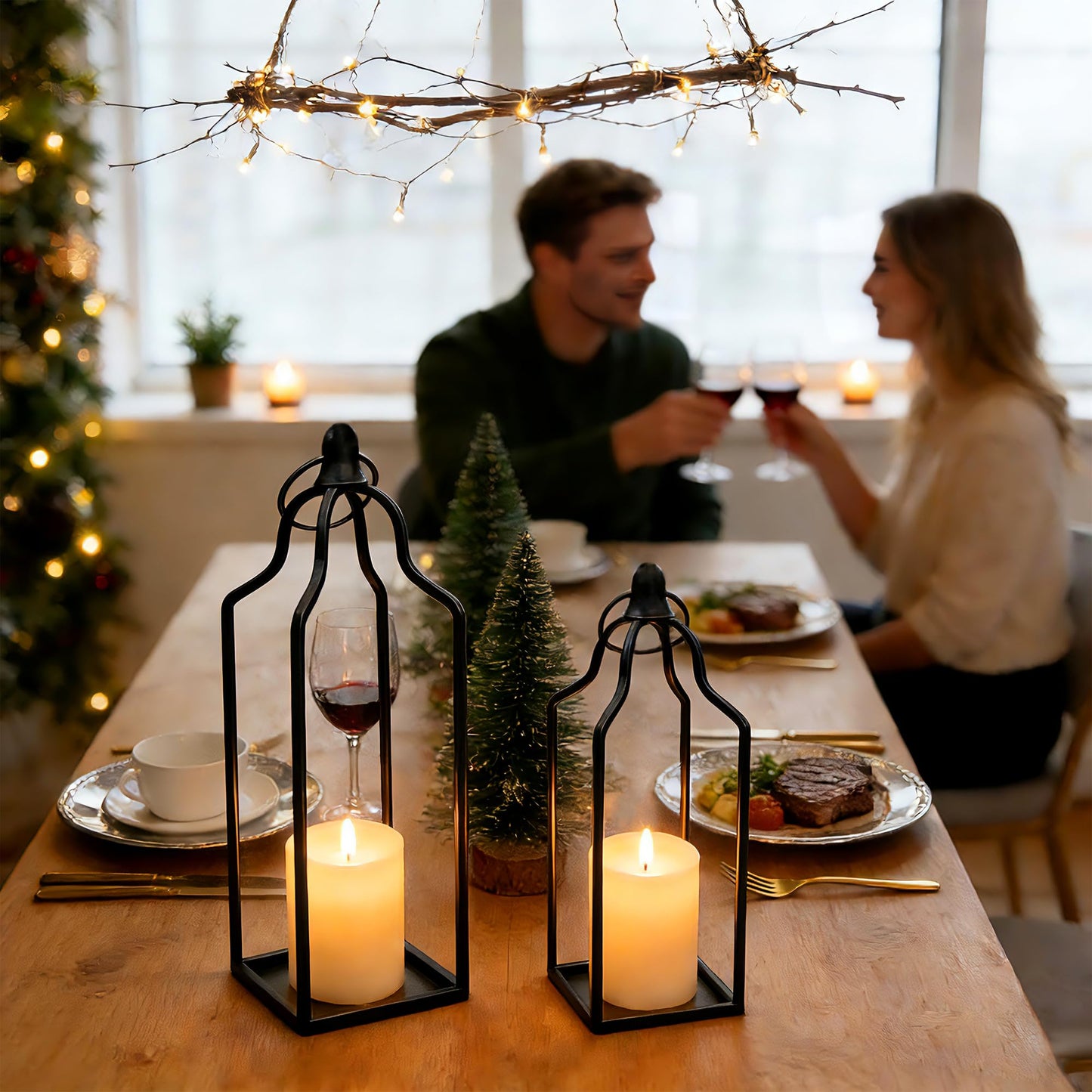 Rustic Farmhouse Decor Metal Lantern Set of 2 Decorative Lanterns for Home Indoor Outdoor Living Room, Fireplace, Patio, Wedding & Kitchen Table Centerpieces (Black, 14.5" 12.2")