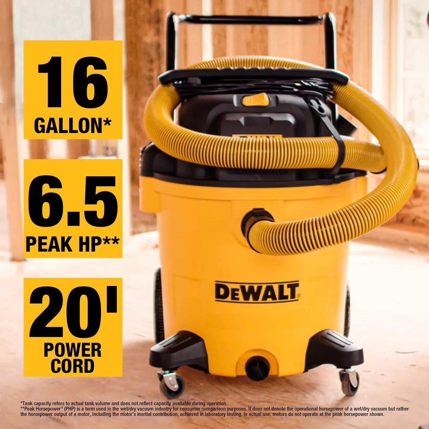 DEWALT DXV16PA 16 Gallon Poly Wet/Dry Vac/Acc, 6.5HP Shop Vacuum Wet/Dry for Jobsite/Workshop, Yellow