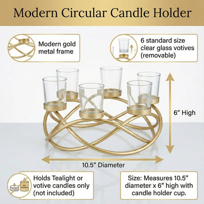 Seraphic Centerpieces for Table Decorations - Round Candle Holders for Outdoor Patio, Dining, Kitchen, Coffee & Wedding Table Decor, Gold Iron Candelabra, 6 Clear Glass Votive Tealight Cups