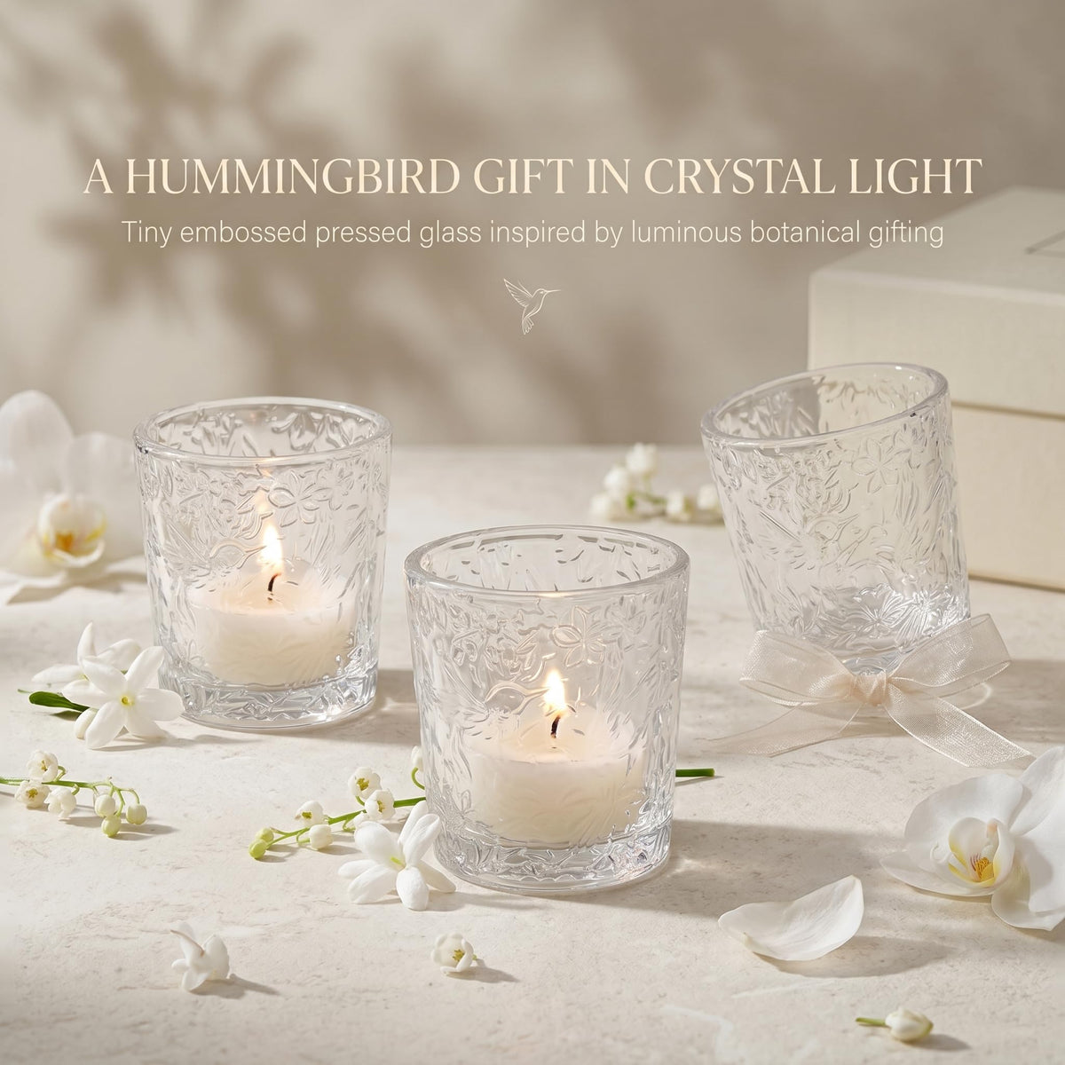 6 Pack Hummingbird Embossed Glass Candle Holders Votive Tealight Holders with Patent Design, Decorative Cups for Wedding Centerpieces, Parties, and Home Decor (Crystal Clear)