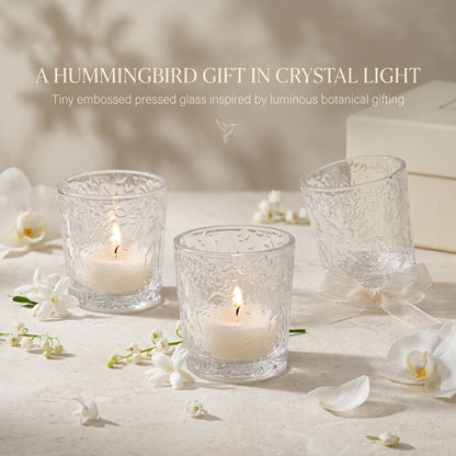 12 Pack Hummingbird Embossed Glass Candle Holders – Votive Tealight Holders with Patent Design, Decorative Embossed Glass Cups for Wedding Centerpieces, Parties, and Home Décor (Crystal Clear)