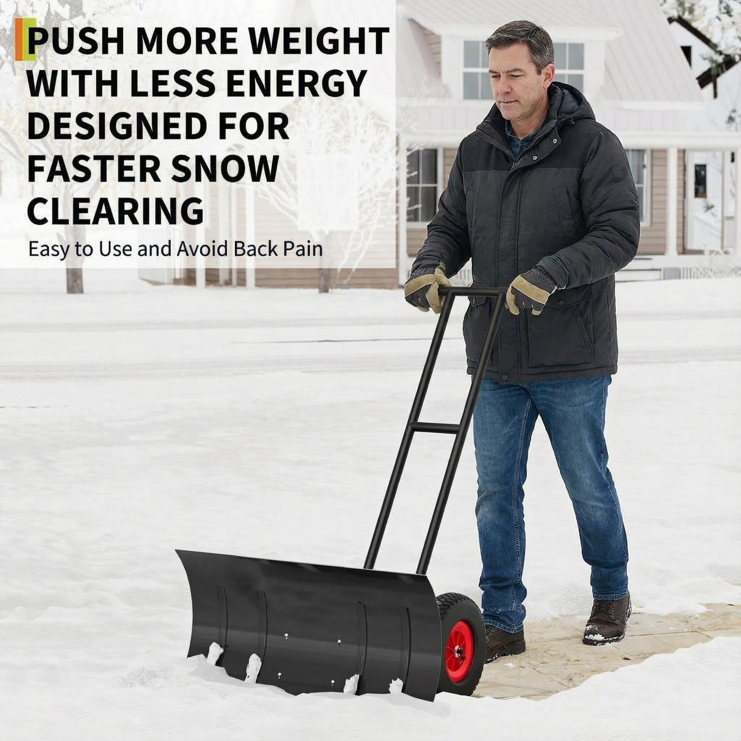 40" Heavy-Duty Wheeled Snow Shovel with Adjustable Handle & Blade – Angled Snow Pusher for Driveway, Sidewalk, Deck & Steps
