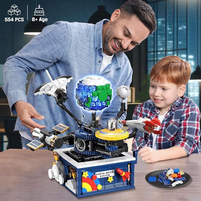 Planet Rotatable Space Sets with Light - Earth &amp Moon Space Exploration Building Toys with Shuttle Spaceship Science Kits Building Blocks Gifts for Kids Age 8+ Years Old Boys Girls(554 PCS)