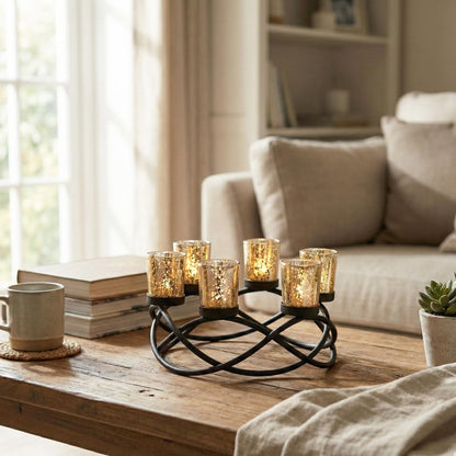 Seraphic Centerpieces for Table Decorations - Round Candle Holders for Outdoor Patio, Dining, Kitchen, Coffee & Wedding Table Decor, Black Iron Candelabra, 6 Gold Glass Votive Tealight Cups
