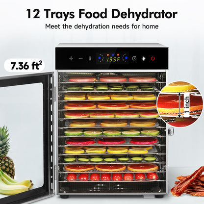 Food Dehydrator Machine 12 Stainless Steel Trays 1000W Meat Dehydrator for Home Use, 24H Timer & 195℉ Temperature Control Food Dryer for Jerky Fruit Herbs Mushroom Dog Treats