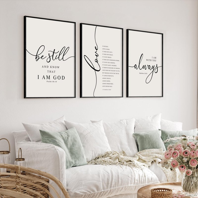 Heiple Framed Be Still and Know that I am God Sign Love is Patient Love is Kind Wall Art Set of 3 Prints for Home Bedroom Decor Above Bed Bible Verse Scripture Art Christian Religious Wall Decor (Black, 16"x24")