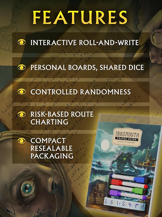 CrowD Games | Innsmouth Travel Guide | 1-4 Players | Ages 14 and up | Roll and Write | Tourism | Route Building | Lovecraft | Solo Mode Included | Average Playtime 30 min