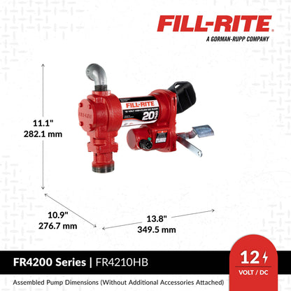 Fill-Rite FR4210HB 12V 20 GPM Fuel Transfer Pump with Discharge Hose & Automatic Nozzle, Red Gasoline, Diesel, Kerosene, Ethanol & Methanol Blends & Biodiesel