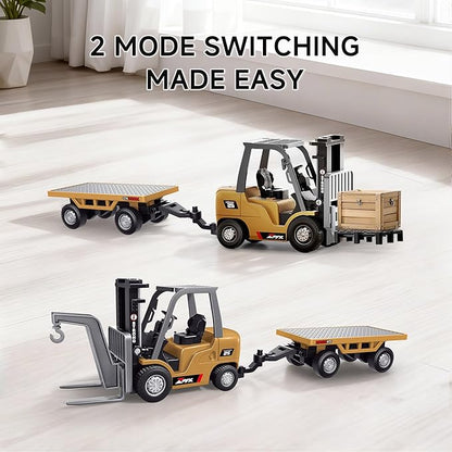 BRRRRT 1/64 Full Proportional RC Forklift Toy8 Channel 2 Mode Mini Remote Control Forklift Truck with Flatbed Tow Truck2 in 1 Transformable Lift Fork &amp Hook with Rechargeable Battery for 4+ Kids