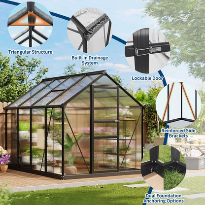 GarveeLife Greenhouse, 8×6FT Greenhouses for Outside, Polycarbonate Greenhouse with Aluminum Frame, Lockable Door and Ajustable Roof Vent for Backyard, Green Houses for Outside Garden Backyard, Patio