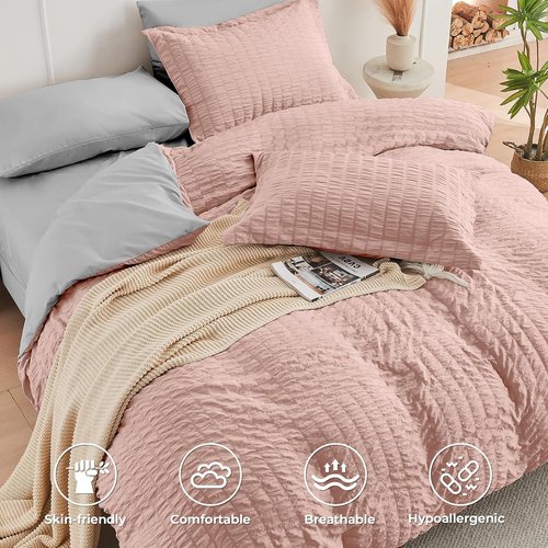 HYMOKEGE Comforter Set - Luxury 7-Piece Bed in a Bag | Rose Gold & Light Grey, All-Season Bedding