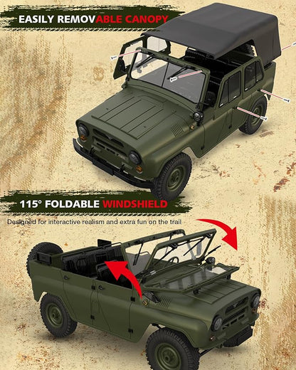 ARRIS 1/12 RC Crawler WPL C94 UAZ-469 Scale RC Rock Crawler 4x4 2.4GHz RTF Off-Road Truck 4WD Military RC Truck with Proportional Steering Hobby Grade Gift for Adults