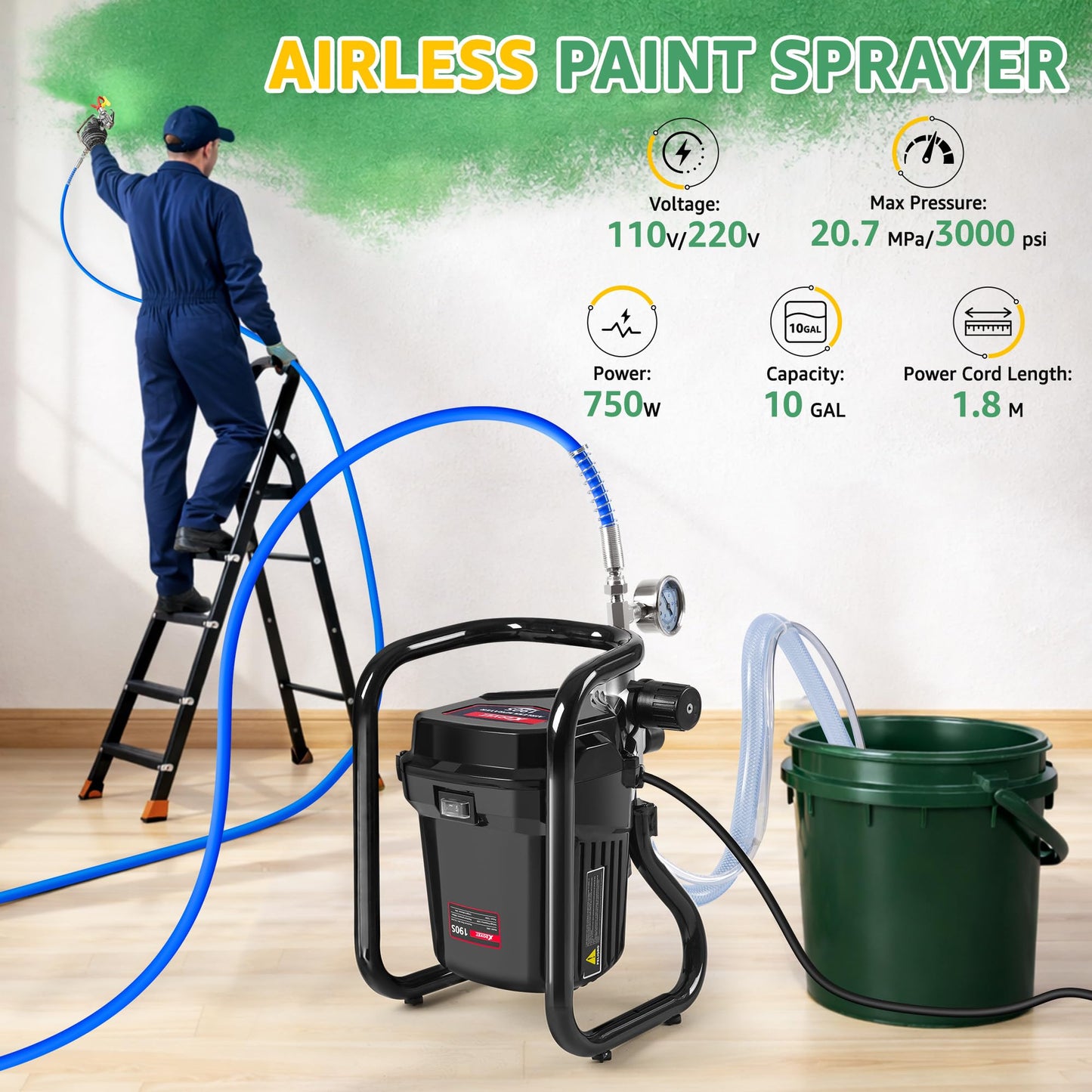 XDOVET 750W Airless Paint Sprayer,3000PSI High-Pressure Electric Paint Sprayer with Tip Extension,Paint Sprayer for House Painting,Interior/Exterior Walls, Fences, Ceilings, Cabinets 1pcs