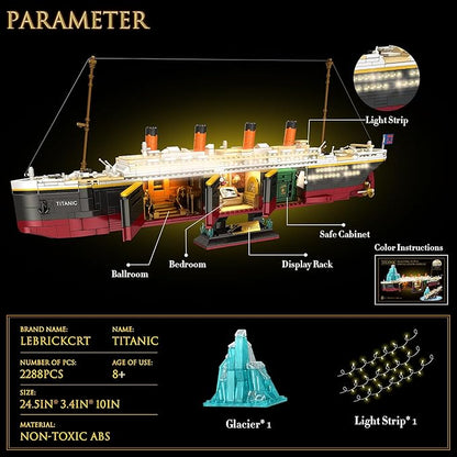 Titanic Building Blocks Set 2288 Pieces Big Ship Block Model Set with Light Strip Glacier Ideal Gift for Adults