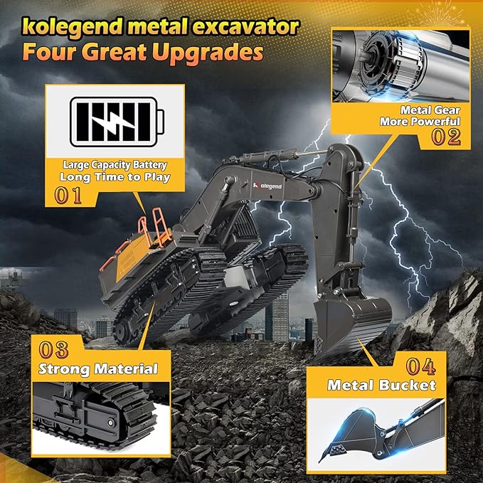 kolegend Remote Control Excavator Toy 1/14 Scale RC Excavator 22 Channel Upgrade Full Functional Construction Vehicles Rechargeable RC Truck with Metal Shovel and Lights Sounds