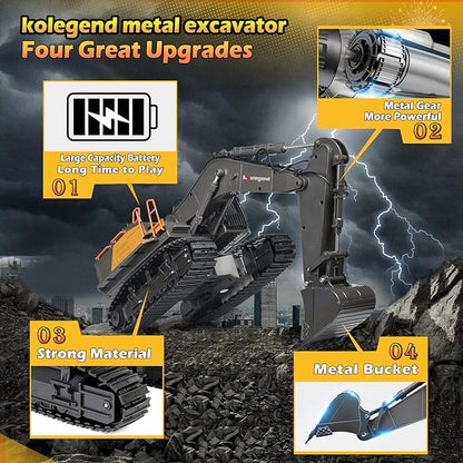 kolegend Remote Control Excavator Toy 1/14 Scale RC Excavator 22 Channel Upgrade Full Functional Construction Vehicles Rechargeable RC Truck with Metal Shovel and Lights Sounds