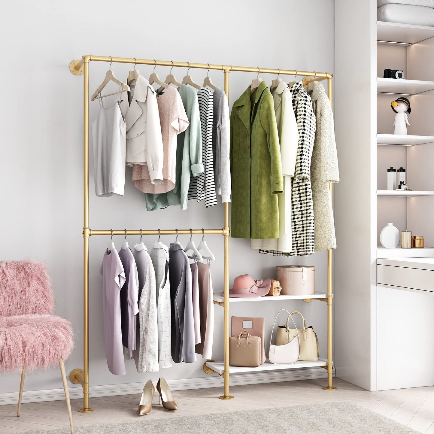 IronJiaZu Gold Pipe Clothes Racks with White Shelves, Industrial Pipe Gold Clothing Rack with Double Hanging Rods, Heavy Duty Wall Mounted Clothing Rack Rod for Closet Storage, Bedroom