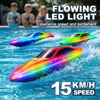 Remote Control Boat with 7-Mode Colorful LED Lights10 Inch RC Boat15KM/H High Speed2.4GHz3 Speed Modes2 Rechargeable BatteriesAuto Flip RecoveryPool &amp Lake Racing Gifts for Kids &amp Adult