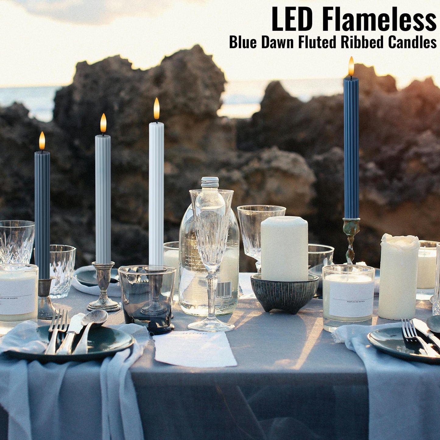 WYZworks Coordinated Blue Dawn Overcast Blues 4 Pack, 10" Real Wax LED Flameless Fluted Ribbed Grooved Taper Candles, Remote & Timer Memory, On/Off Button, Dimmable, Battery Operated, Menorah Wedding