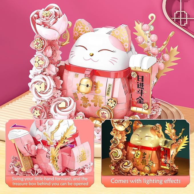 Lucky Cat Building Block Set Compatible with Lego Cat 868Pcs Cute Fortune Cat with Flowers Building Blocks Christmas Birthday Creative Gift for Girls Boys Adult (Pink Cat)