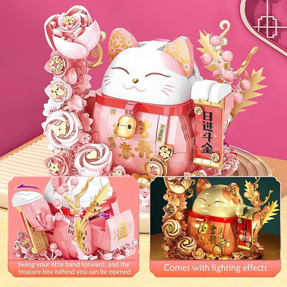 Lucky Cat Building Block Set Compatible with Lego Cat 868Pcs Cute Fortune Cat with Flowers Building Blocks Christmas Birthday Creative Gift for Girls Boys Adult (Pink Cat)