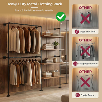 Anynice Industrial Pipe Clothing Rack, Wall Mounted Garment Black Wall Hanging Clothing Rack, Heavy Duty Clothes Rack for Walk in Closet Storage, Laundry Room, 14.6x76x82.7 Inches, Model Y02