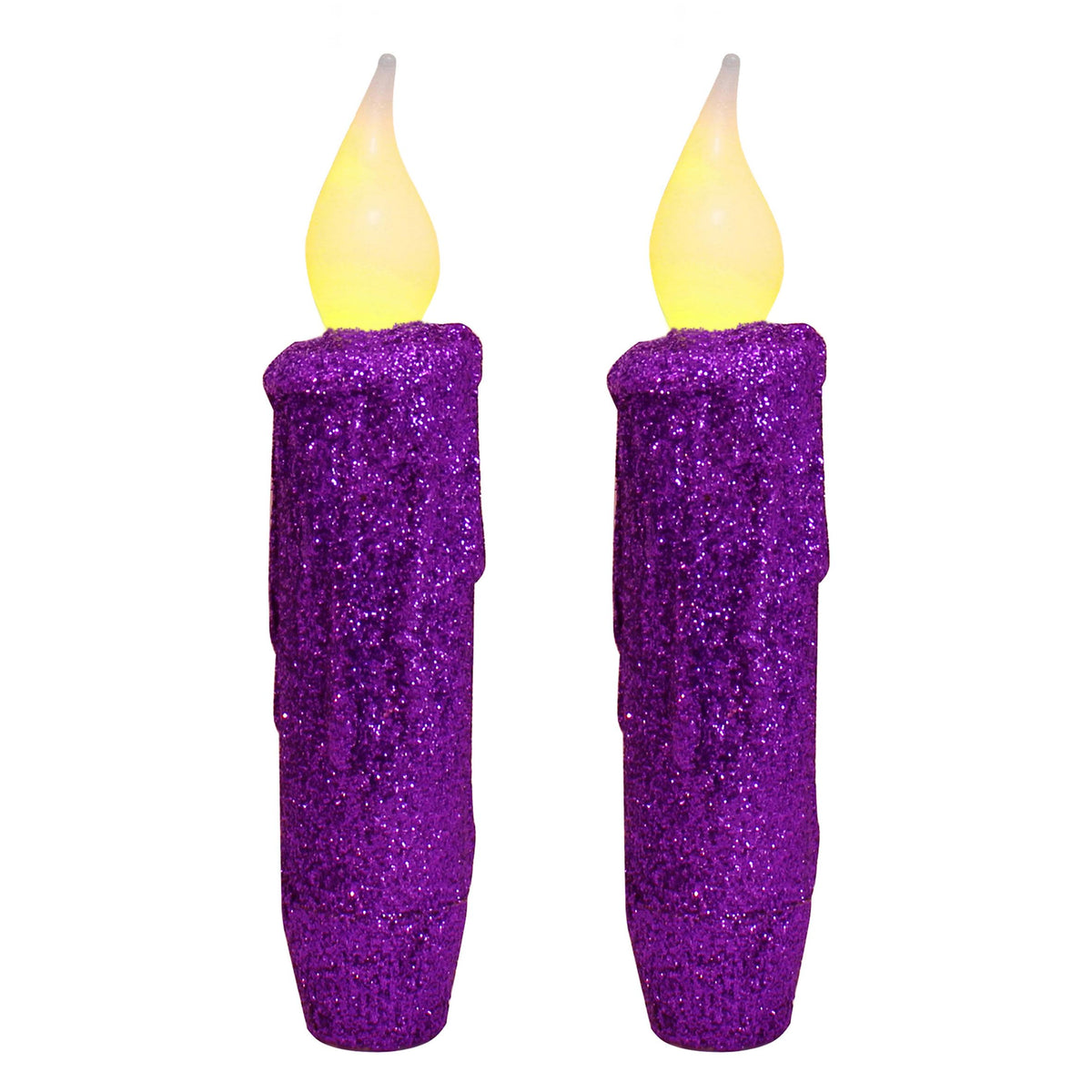 CVHOMEDECO. Glitter Flameless Candles Flickering Battery Operated LED Taper Candles with Timer for Home, Wedding, Halloween, Christmas Decor. Purple, 4-3/4 Inch, Set of 2